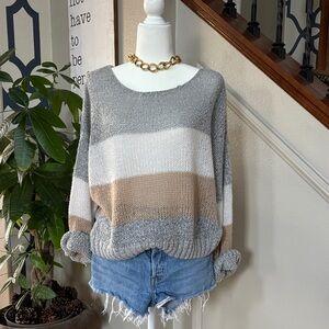 Striped Gray and Tan Women's Colorblock Slouchy & Soft Sweater 🤩